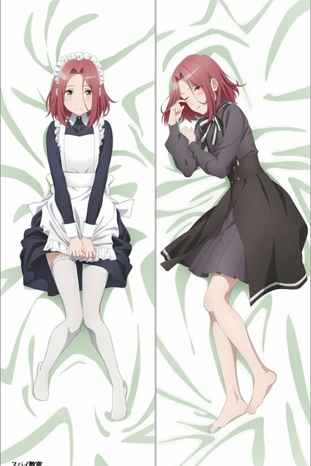 Ilustración dakimakura de Grete (Daughter Dearest): pelo castaño rojizo, conjunto de sirvienta azul marino y blanco y blusa oscura con falda.