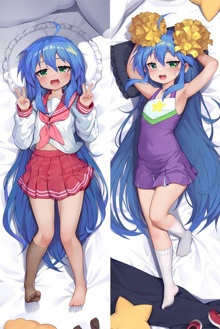Konata Izumi dakimakura body pillow cover artwork with long blue hair and green eyes, making peace signs in a red-and-white school uniform on one side and holding yellow pom-poms in a purple cheer outfit on the other.