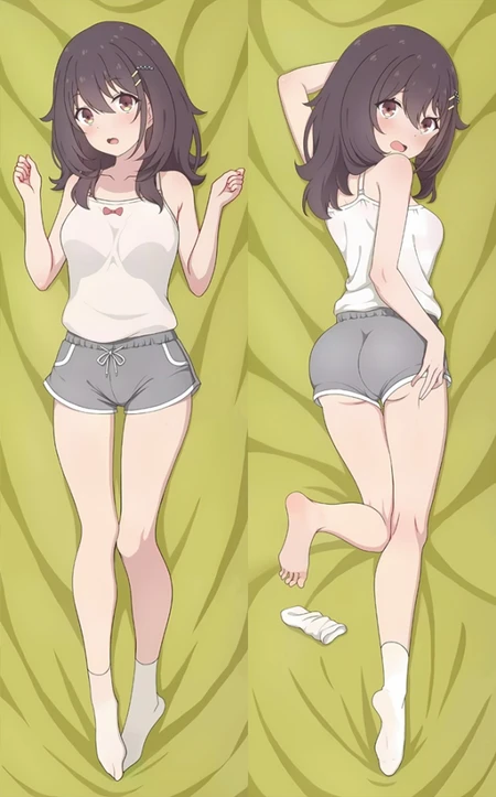 Mako Kawai dakimakura artwork: brown hair with small clips, a white sleeveless top and grey sports shorts.