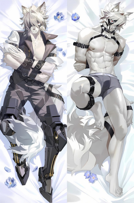 Von Lycaon dakimakura with white fur, a dark tailored outfit, a large tail and blue flowers on white bedding.