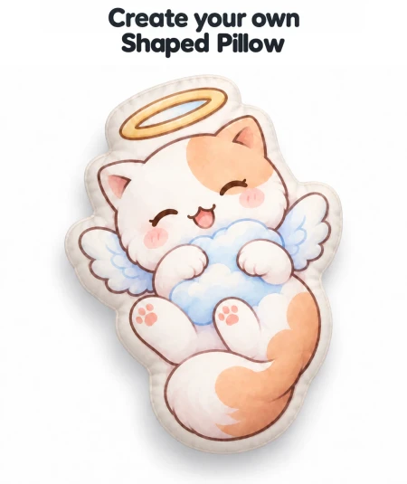 Cojín con forma personalizada en el que aparece un gato ángel de color naranja y blanco que sostiene una nube azul, con alas y una aureola dorada.