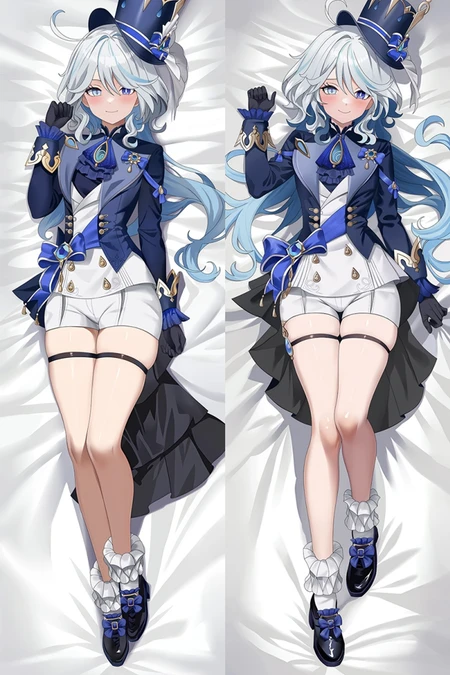 Furina dakimakura body pillow case artwork showing a blue jacket, white waistcoat and shorts, tall blue hat and black gloves on both sides.