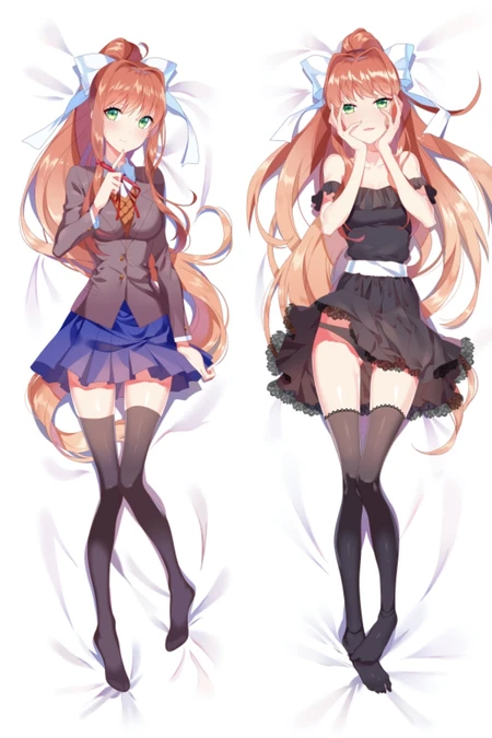 Monika from Doki Doki Literature Club in a school uniform and a black dress, shown as a two-sided dakimakura cover design.