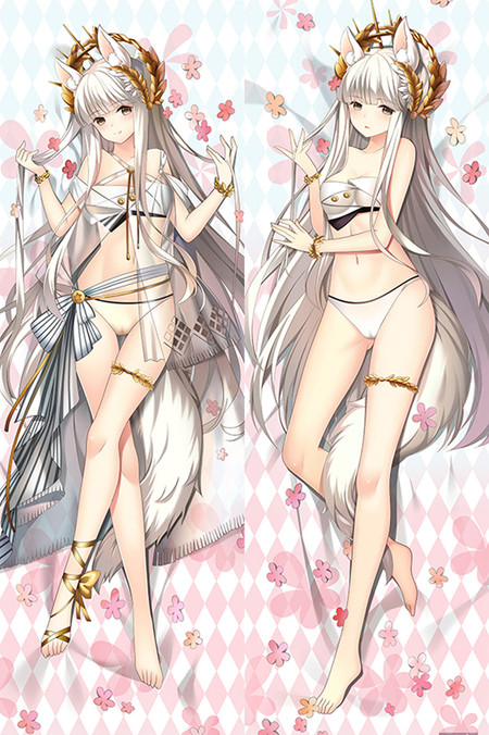 Platinum dakimakura body pillow case with white-gold swimwear, striped draping, a gold laurel headpiece, silver-white hair, upright ears and amber eyes.