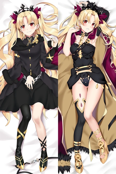 Ereshkigal met lang blond haar, rode haarstrikken, een zwarte jurk en een zwart-gouden outfit op een dakimakurahoes.