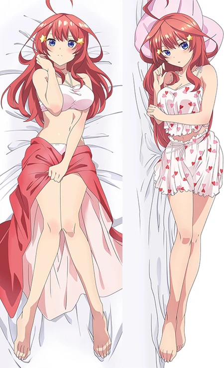 Itsuki Nakano dakimakura body pillow case artwork with long red hair, yellow star clips and blue eyes, pairing heart-print sleepwear with a white cropped top and red waist layer.