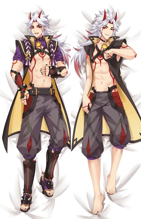 Two Arataki Itto poses for a body pillow case, with black-and-gold outerwear and purple trousers, including purple sleeves and leg guards on one side.