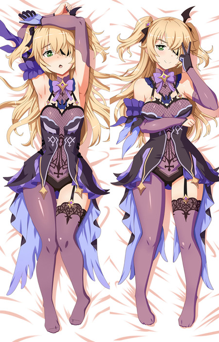 Fischl dakimakura body pillow case with a black and purple gothic outfit, eyepatch, long purple gloves and gold star accents.