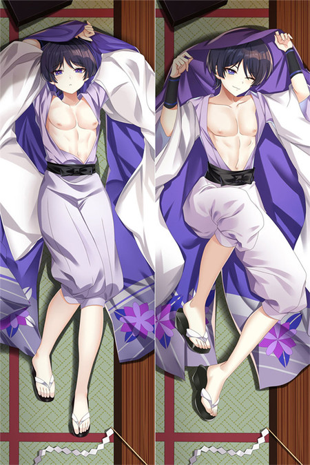 Wanderer dakimakura body pillow case with a white and purple robe, black sash, short indigo hair, violet eyes and sandals.