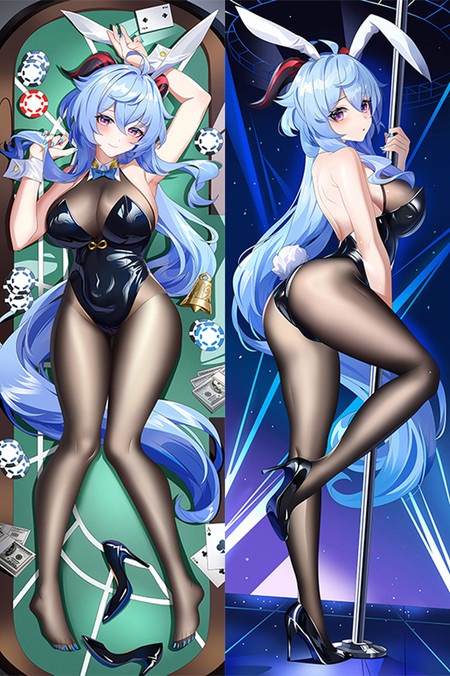Two views of Ganyu with long blue hair, white rabbit-ear headband and black costume, against card-table and blue geometric backgrounds
