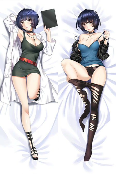 Tae Takemi dakimakura body pillow case with a white lab coat, green mini-dress, red belt, blue camisole, black choker and short navy hair.