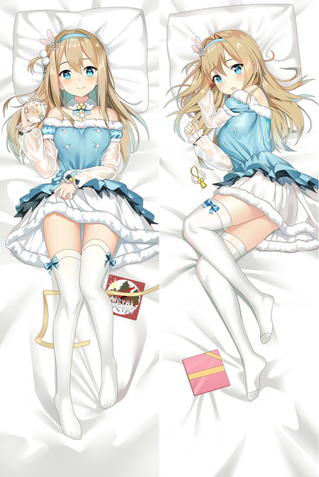 Suomi dakimakurahoes met blauw-witte feestjurk, witte hoge kousen, blauwe strikken, blond haar, blauwe ogen en cadeautjes.
