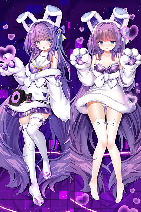 Tashkent dakimakura body pillow case with floppy rabbit ears, white-purple plaid clothing, paw mittens, long purple hair, blue eyes and a speaker bag.