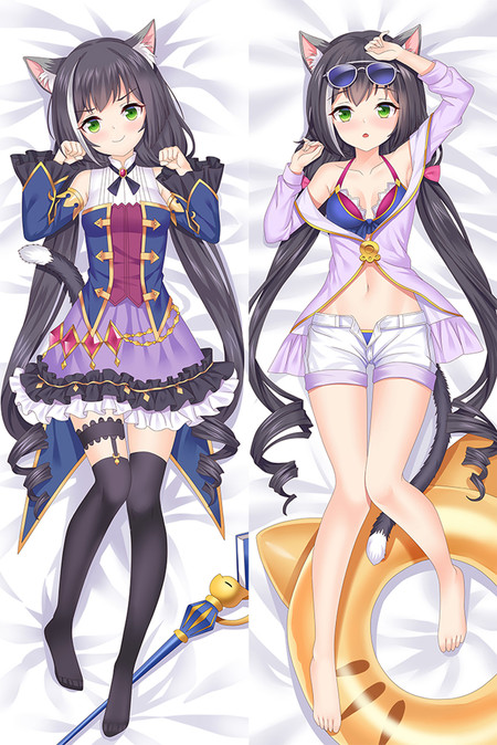 Karyl dakimakura with a navy and lilac gold-trim dress and staff on the left, lilac cover-up, white shorts, sunglasses and gold cat-shaped swim ring on the right.