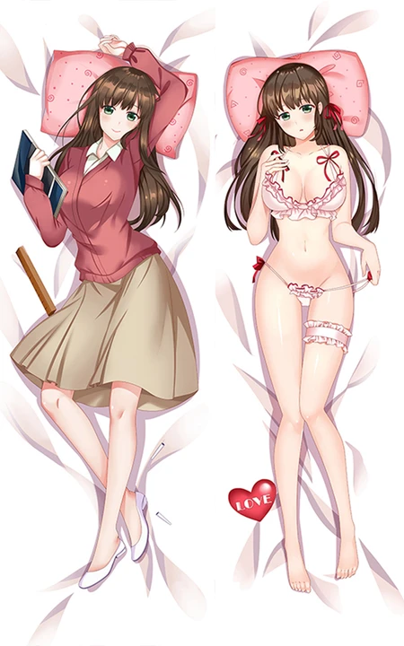 Hina Tachibana dakimakura body pillow case with a red cardigan, beige skirt, pink-white frills, long brown hair, green eyes and pink-heart bedding.