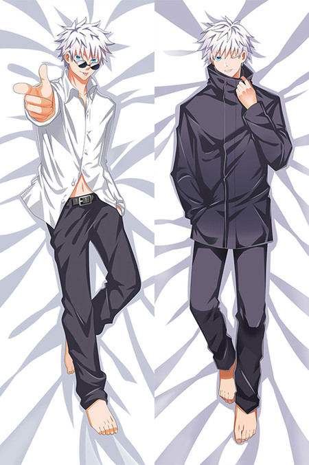 Two Satoru Gojo poses for a body pillow case: white shirt and sunglasses, and a dark high-collared uniform, with white hair and blue eyes.