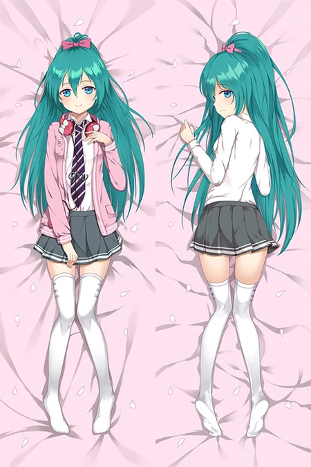 Ontwerp voor de voor- en achterkant van een kussensloop voor een Hatsune Miku-lichaamskussen, met aan de ene kant een roze jasje en een koptelefoon en aan de andere kant een wit shirt.