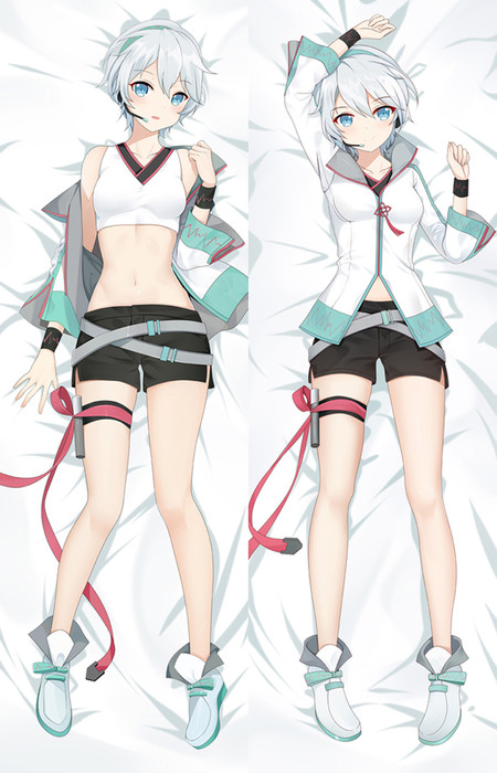 Yanhe dakimakura artwork with short pale hair, blue eyes, a headset, white jacket with mint trim, black shorts and gray belts.