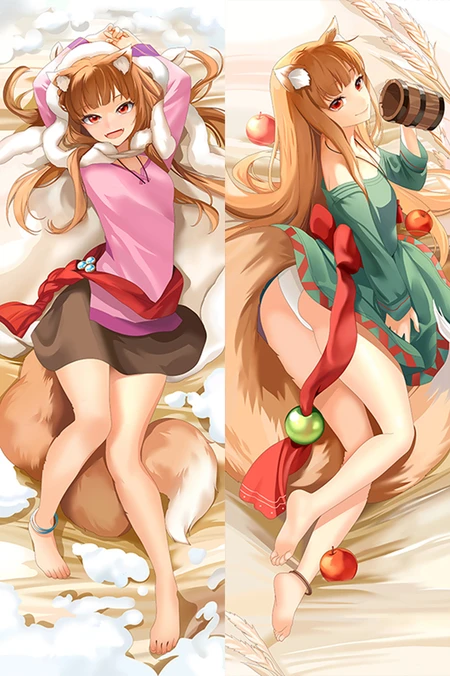 Holo (Spice and Wolf) dakimakura body pillow case with pink and green outfits, brown hair, red eyes, wolf ears, a full tail, apples and a wooden mug.