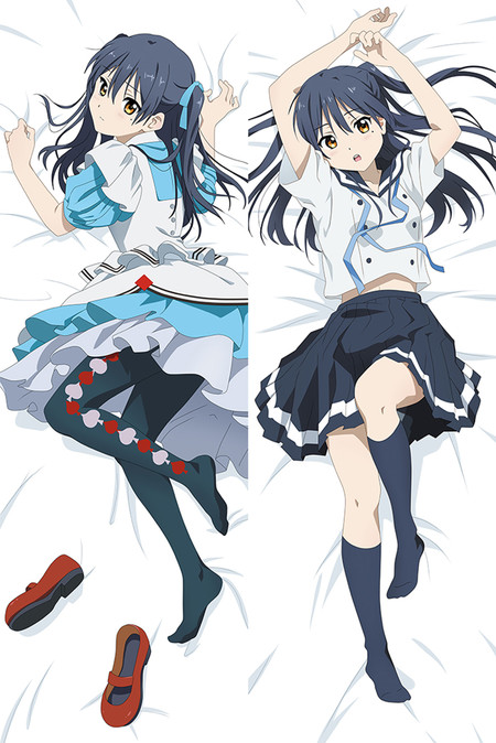 Two-sided Umi Sonoda dakimakura artwork: blue-and-white dress with card-suit patterned tights, and a sailor-style blouse with a dark pleated skirt.