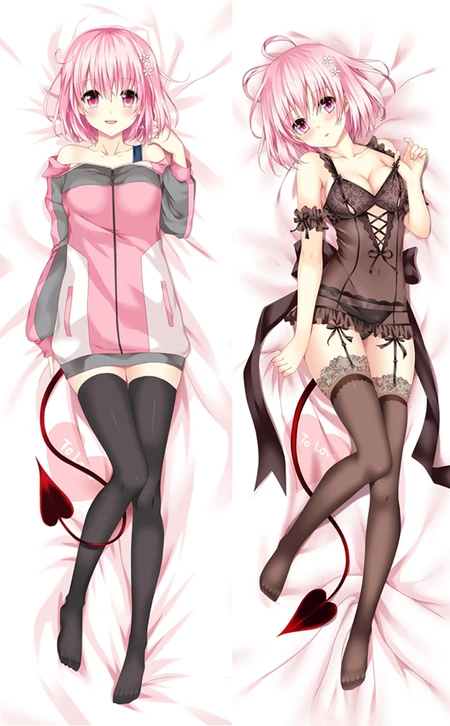 Momo Belia Deviluke dakimakura body pillow case with a pink-grey jacket, black lace outfit, dark stockings, pink bob, flower clips and heart-tipped tail.