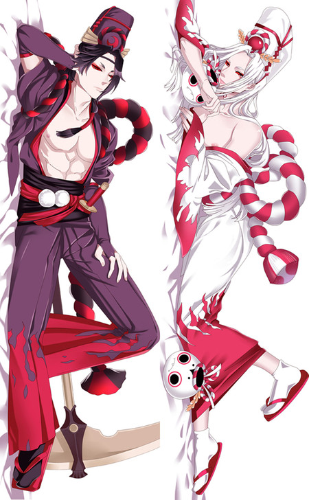 Onmyoji dakimakurahoes met donkerharige Kuro Mujou in paars en rood naast een zeis, en witharige Shiro Mujou in wit en rood met maskers en touw.