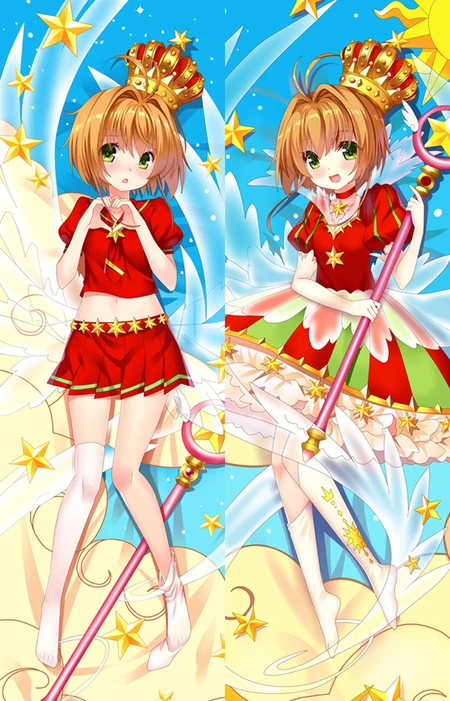 Sakura Kinomoto dakimakura body pillow case artwork with red star-trimmed costumes, gold crown and pink staff on a blue background.