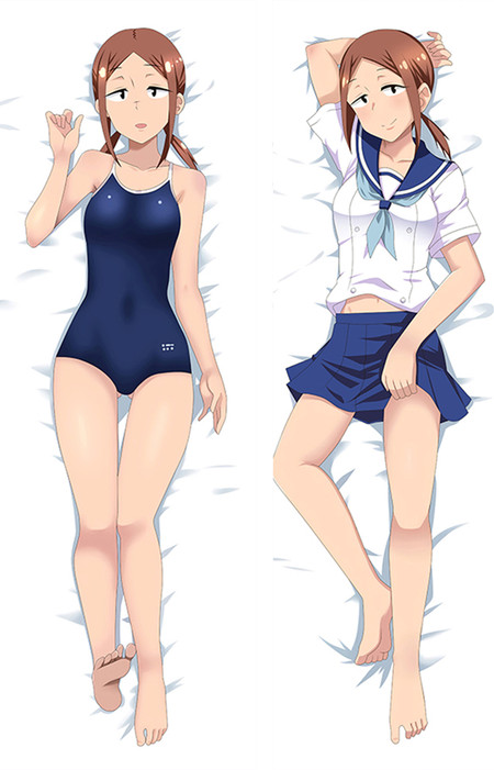 Yuki Kuroiwa dakimakura body pillow case with brown hair, navy swimsuit, white sailor-style blouse, blue pleated skirt and pale blue neckerchief.