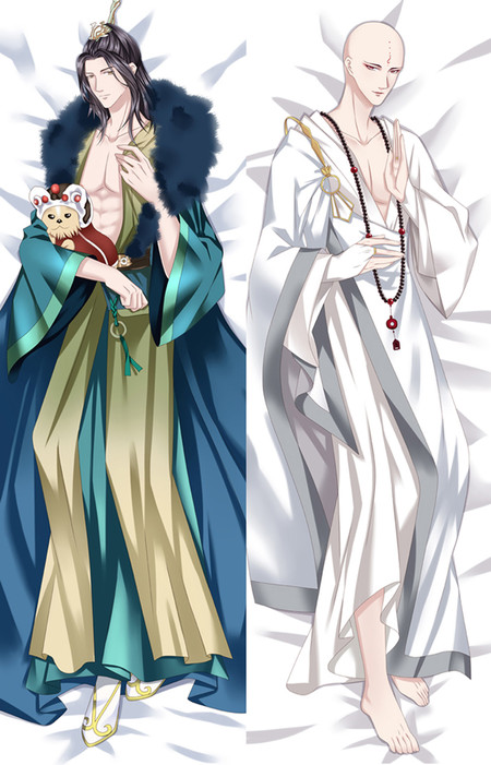 Xiao Se and Wuxin dakimakura artwork in blue and white robes, with a small costumed companion.
