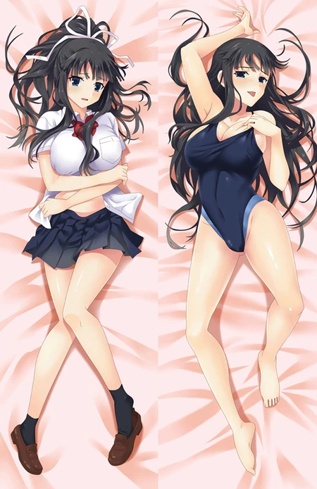 Rinne Byakuya dakimakura body pillow case with black hair, blue eyes, white blouse, red bow, navy skirt, navy swimsuit, white hair ribbon and brown loafers.