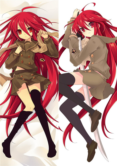 Shana dakimakura artwork with long red hair, red eyes, a brown uniform, pale scarf, black stockings and a sword.