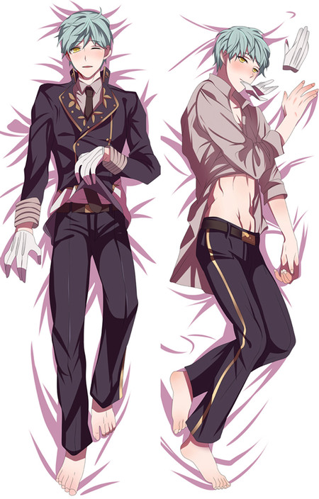 Ichigo Hitofuri dakimakurahoes met mint-aqua haar, amberkleurige ogen, donker jasje met gouden details, witte handschoenen, licht overhemd en zijstrepen.