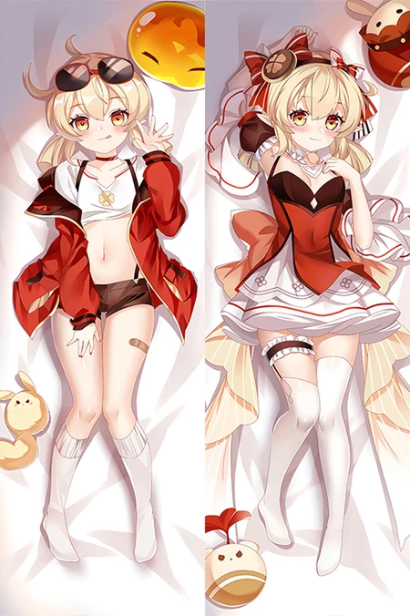 Klee dakimakura body pillow case with blond twin-tails, red-gold eyes, red jacket, brown shorts, sunglasses, red-white frills and clover details.