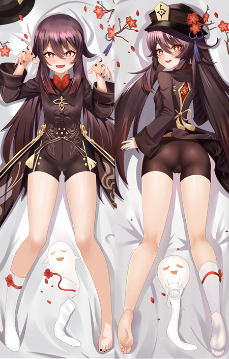 Hu Tao dakimakura artwork from Genshin Impact, showing raised hands, a dark coat and shorts, a plum-blossom hat and small white ghosts.