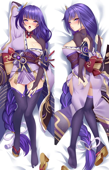 Dubbelzijdige Raiden Shogun-illustratie uit Genshin Impact voor een dakimakurahoes, met paarse kimono, wijde mouwen, rode strik en lange paarse vlecht.