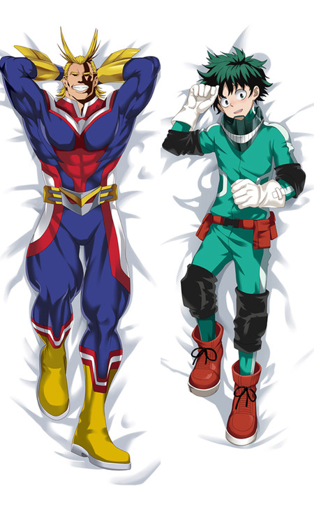 All Might and Izuku Midoriya dakimakura body pillow case, blue, red and yellow hero suit, green outfit, white gloves and red boots.