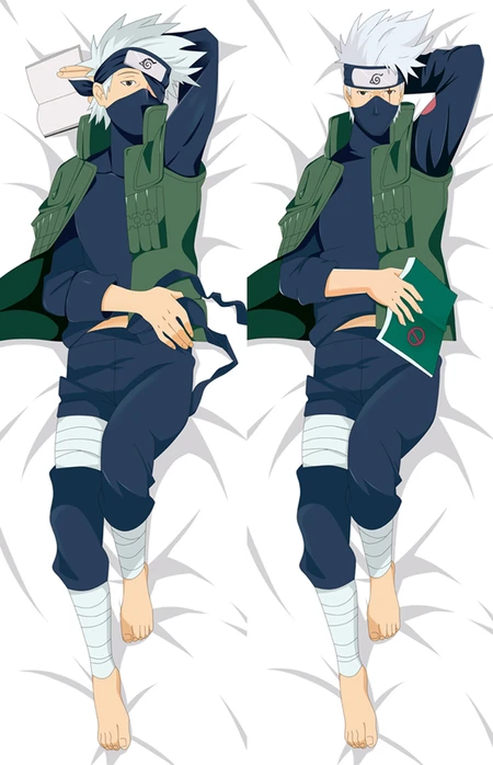 Kakashi body pillow case artwork with a Leaf headband, face mask, green vest and dark outfit, shown in two poses with a book.