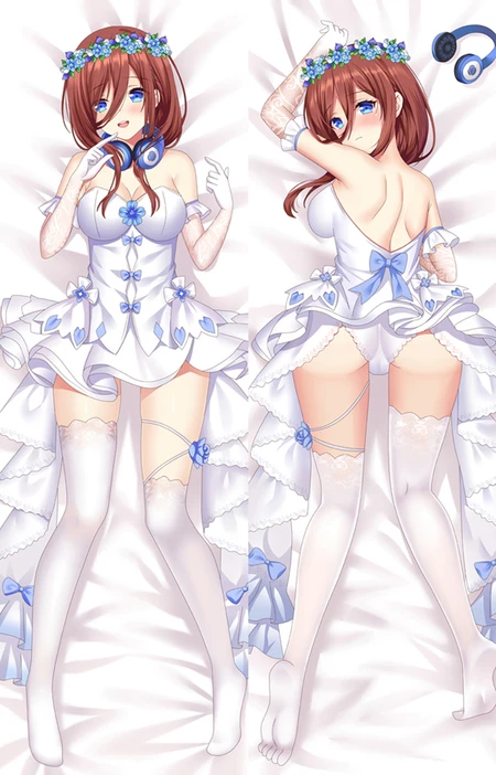 Miku Nakano dakimakura body pillow case with a blue flower crown, bridal dress and headphones.
