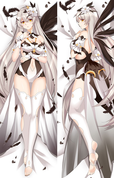 Kiana Kaslana dakimakurahoes met lang wit haar, gouden ogen, wit bloemenkostuum, zwarte vleugels en veren.