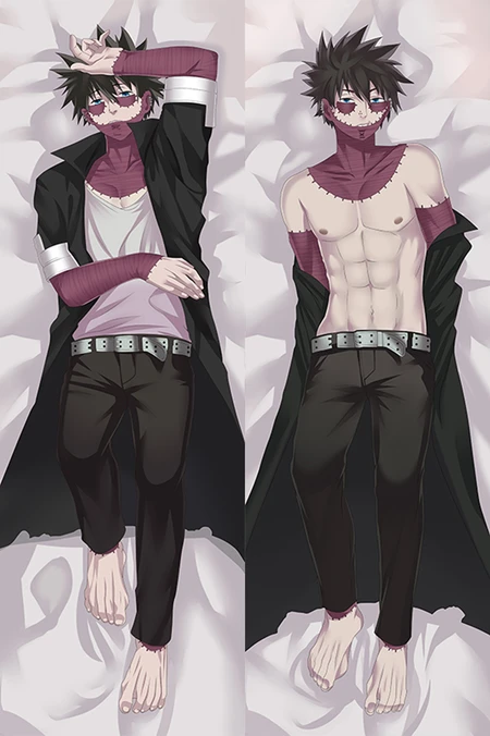 Illustrazione per la fodera del cuscino Dabi dakimakura raffigurante un personaggio con capelli neri, un lungo cappotto nero e due pose frontali.