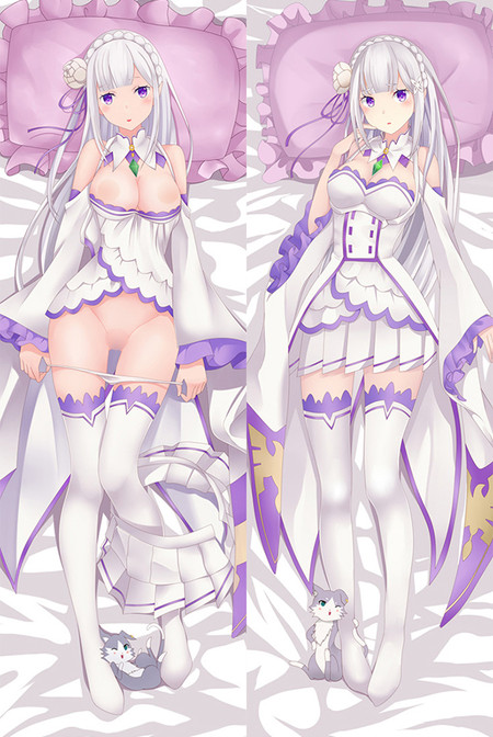Housse dakimakura Emilia : costume blanc et violet et coussins roses (aperçu)