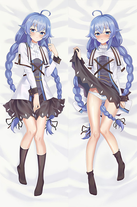 Roxy Migurdia dakimakura body pillow case artwork with long blue braids, white coat, dark skirt and knee socks.