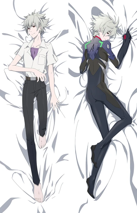 Kaworu Nagisa dakimakura artwork with a white shirt, purple top and black trousers beside a dark suit with green and red details