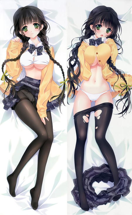 Carnelian dakimakura body pillow case with dark hair, green eyes and a yellow cardigan