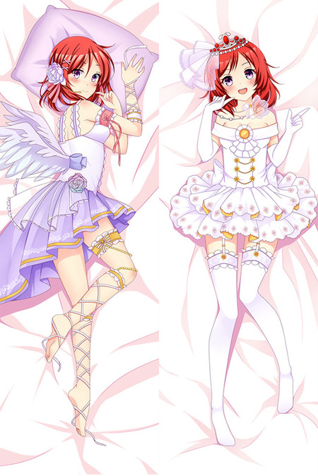 Nishikino Maki dakimakura artwork with red hair, white stage outfits and feathered wings.