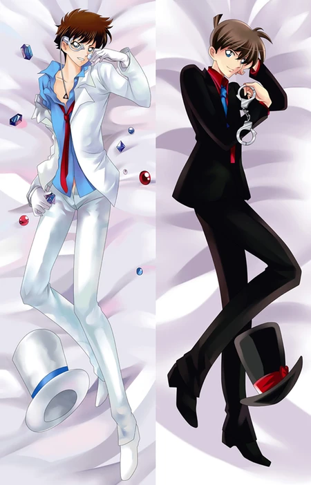Detective Conan dakimakurahoes met Kaito Kuroba in een wit pak met monocle en Shinichi Kudo in een zwart pak met handboeien; beide hoge hoeden zijn ook afgebeeld.