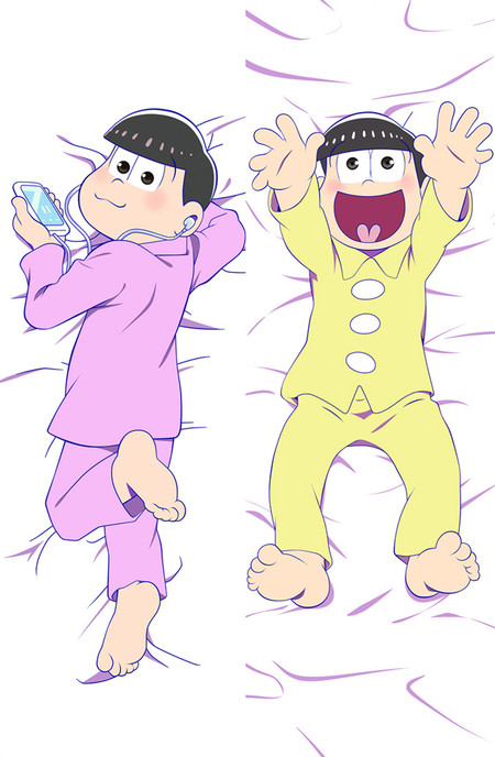 Todomatsu and Jyushimatsu dakimakura body pillow case artwork in pink and yellow pyjamas, with a phone and earphones on one side and raised hands on the other.