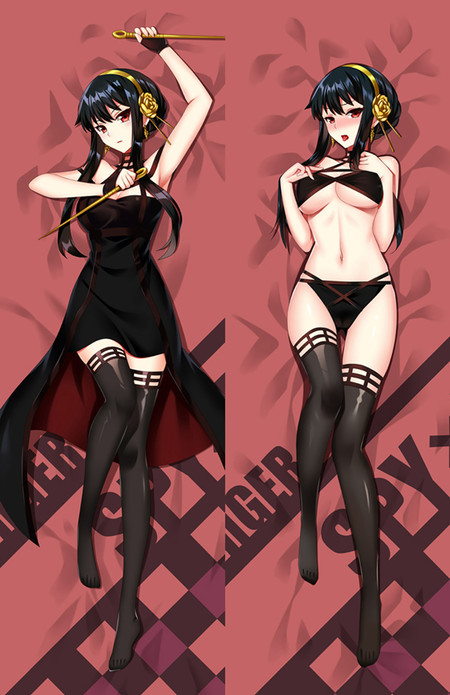 Yor Forger dakimakura artwork with a black dress, red lining, gold weapons and a black strappy costume against a deep red background.
