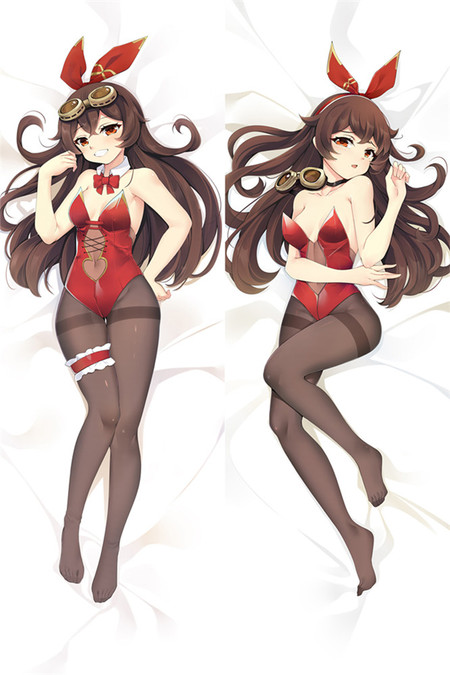 Amber dakimakura artwork with brown hair, a red bodysuit and dark tights.