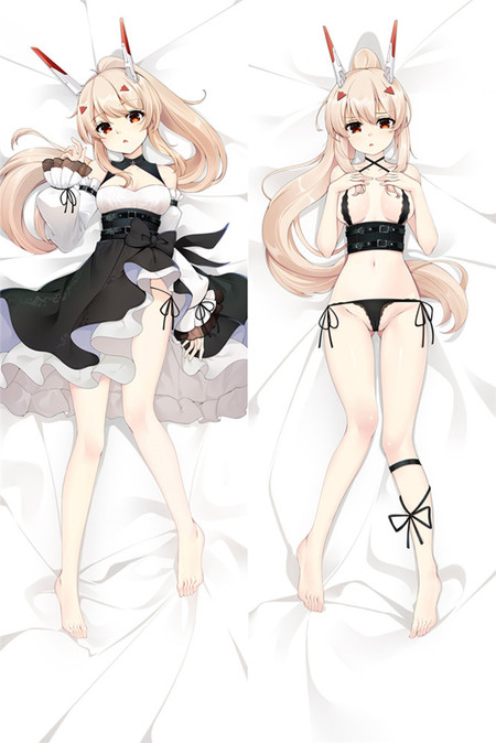 Ayanami dakimakura artwork with pale hair, red-tipped hair ornaments and a black-and-white outfit.